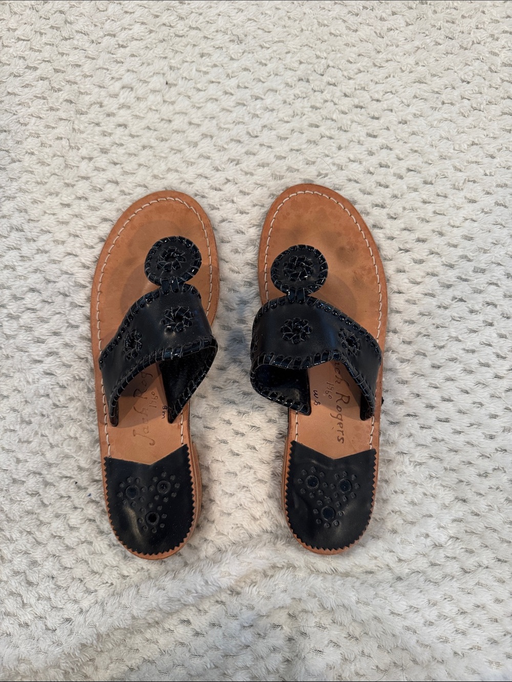 Jack Rogers Black Leather Cutout Thong Sandals